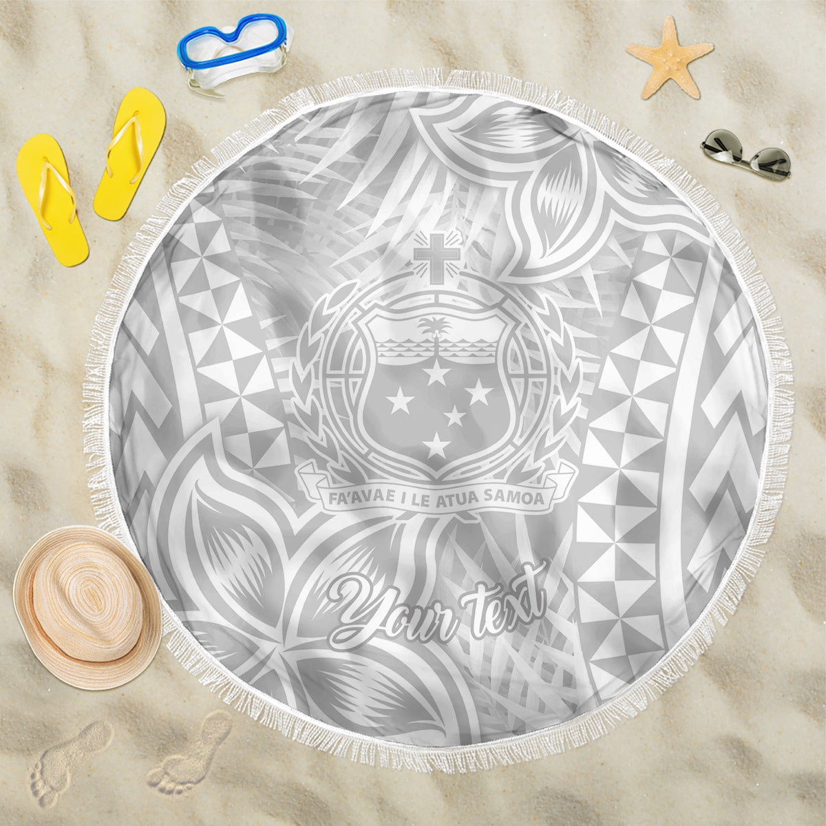 Personalised Samoa Lotu Tamait Beach Blanket Tropical Plant White Sunday With Polynesia Pattern LT9 One Size 150cm White - Wonder Print Shop