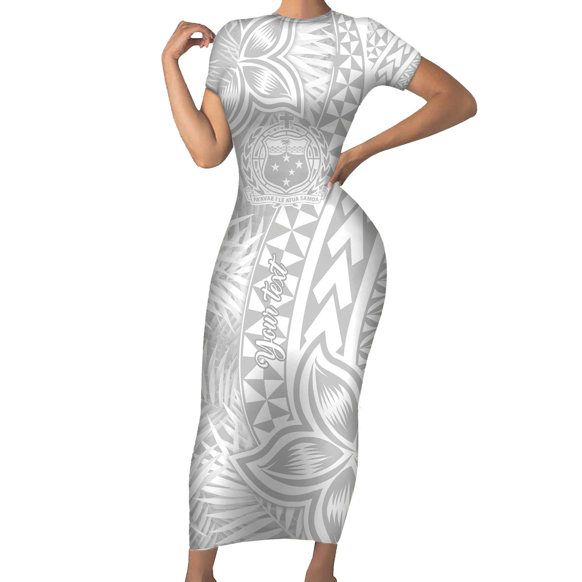 Personalised Samoa Lotu Tamait Short Sleeve Bodycon Dress Tropical Plant White Sunday With Polynesia Pattern LT9 Long Dress White - Polynesian Pride