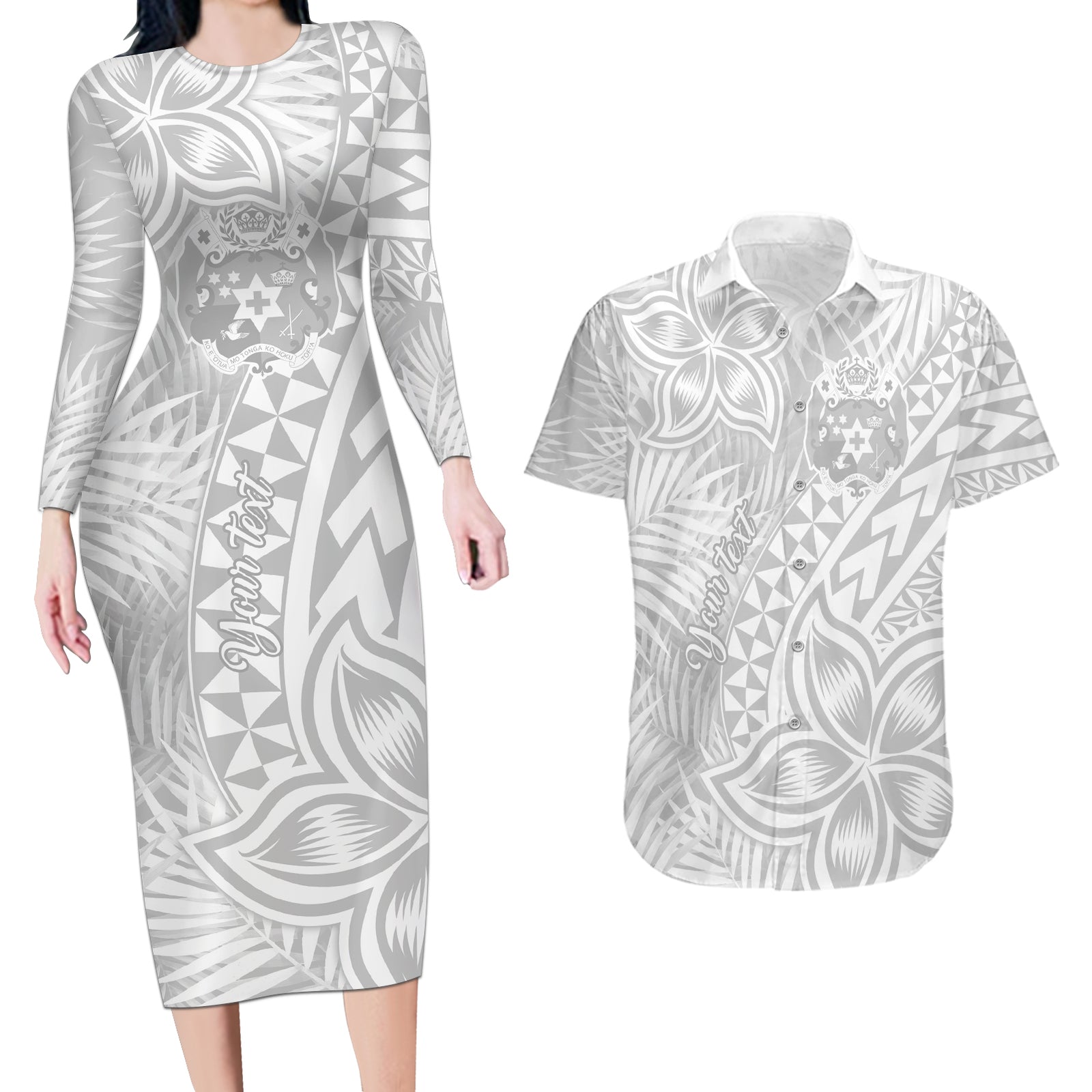 Personalised Tonga White Sunday Couples Matching Long Sleeve Bodycon Dress and Hawaiian Shirt Tropical Plant With Polynesian Pattern LT9 White - Polynesian Pride