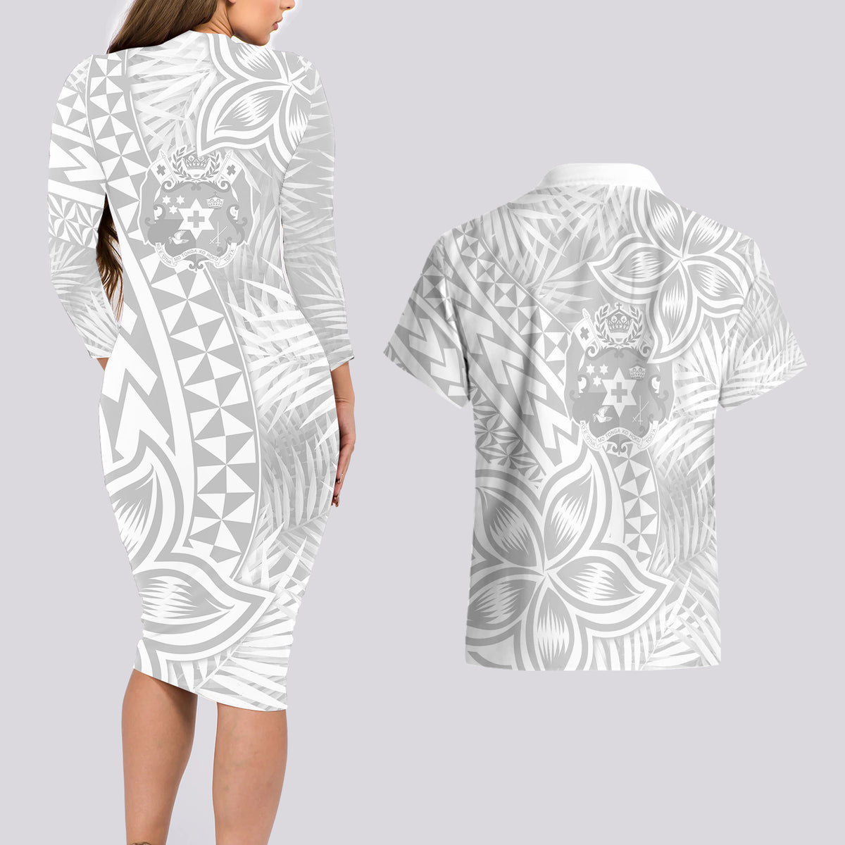 Personalised Tonga White Sunday Couples Matching Long Sleeve Bodycon Dress and Hawaiian Shirt Tropical Plant With Polynesian Pattern LT9 - Polynesian Pride