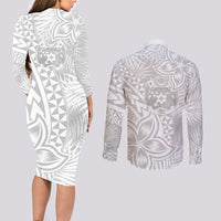 Personalised Tonga White Sunday Couples Matching Long Sleeve Bodycon Dress and Long Sleeve Button Shirts Tropical Plant With Polynesian Pattern LT9 - Polynesian Pride