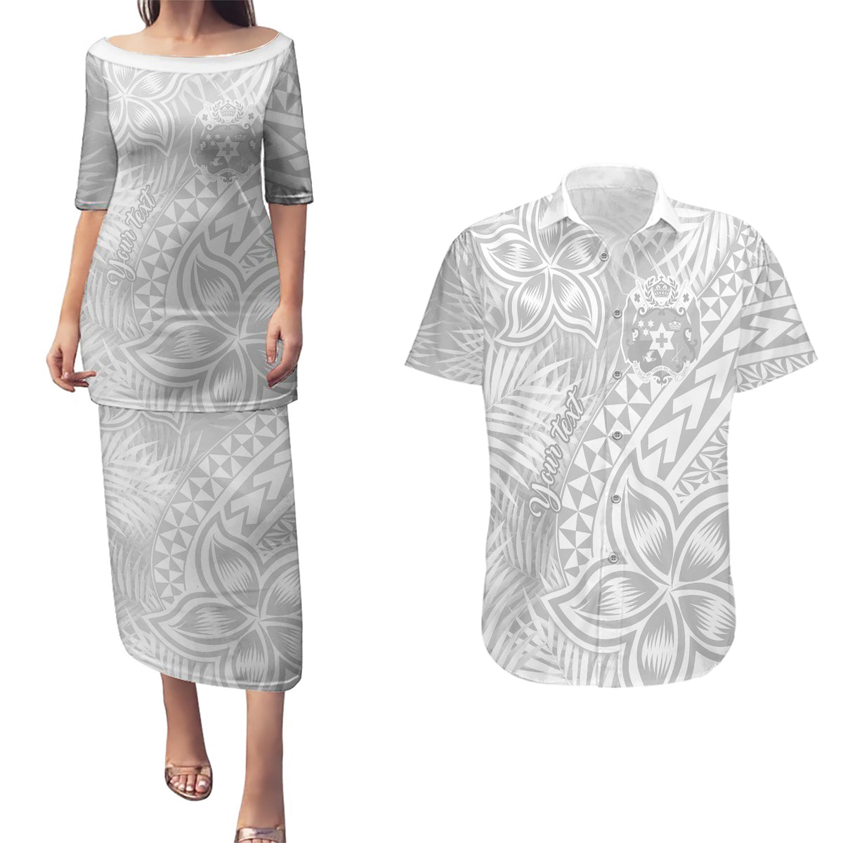 Personalised Tonga White Sunday Couples Matching Puletasi Dress and Hawaiian Shirt Tropical Plant With Polynesian Pattern LT9 White - Polynesian Pride