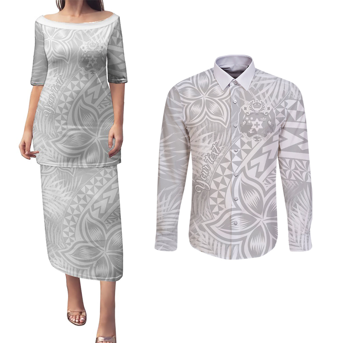 Personalised Tonga White Sunday Couples Matching Puletasi Dress and Long Sleeve Button Shirts Tropical Plant With Polynesian Pattern LT9 White - Polynesian Pride