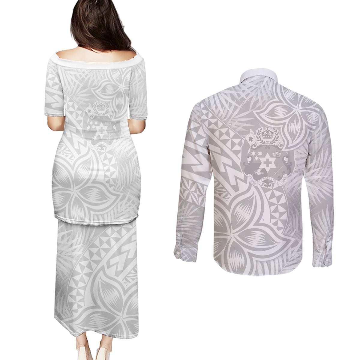 Personalised Tonga White Sunday Couples Matching Puletasi Dress and Long Sleeve Button Shirts Tropical Plant With Polynesian Pattern LT9 - Polynesian Pride