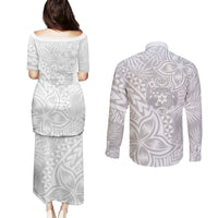 Personalised Tonga White Sunday Couples Matching Puletasi Dress and Long Sleeve Button Shirts Tropical Plant With Polynesian Pattern LT9 - Polynesian Pride
