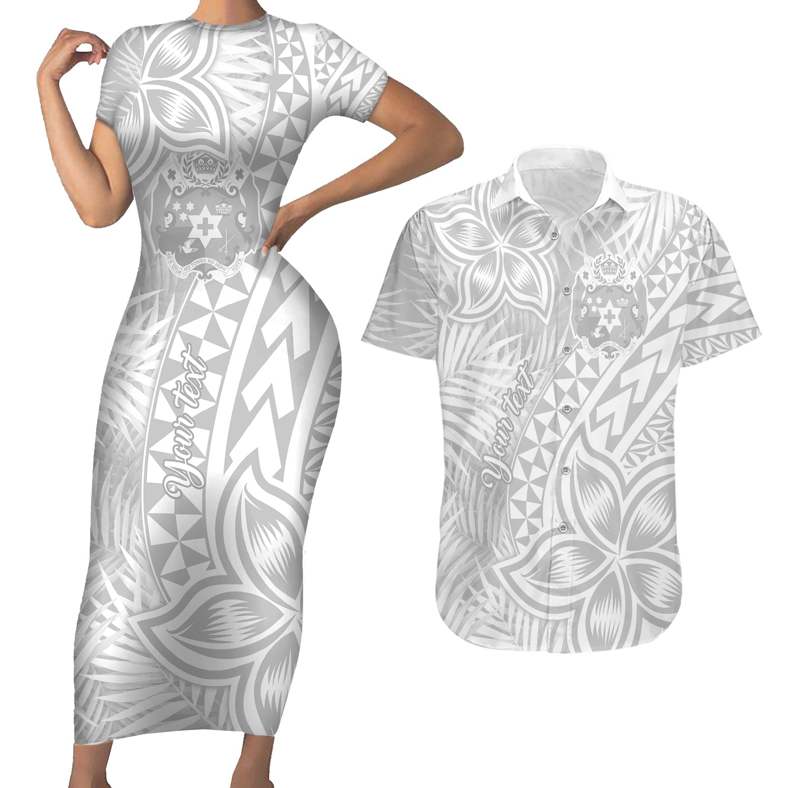 Personalised Tonga White Sunday Couples Matching Short Sleeve Bodycon Dress and Hawaiian Shirt Tropical Plant With Polynesian Pattern LT9 White - Polynesian Pride