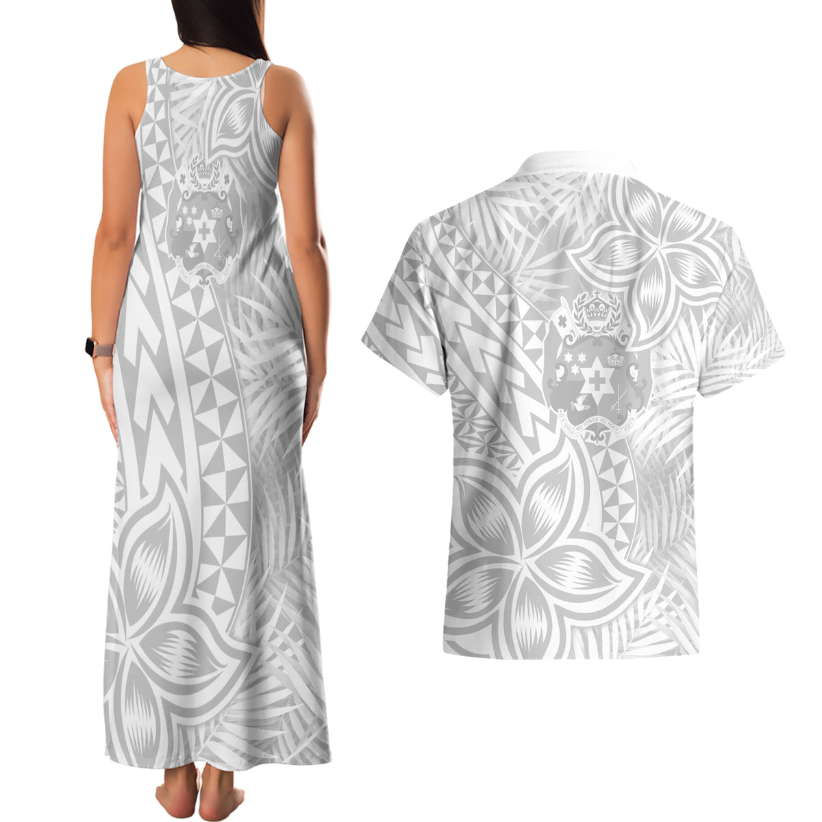 Personalised Tonga White Sunday Couples Matching Tank Maxi Dress and Hawaiian Shirt Tropical Plant With Polynesian Pattern LT9 - Polynesian Pride