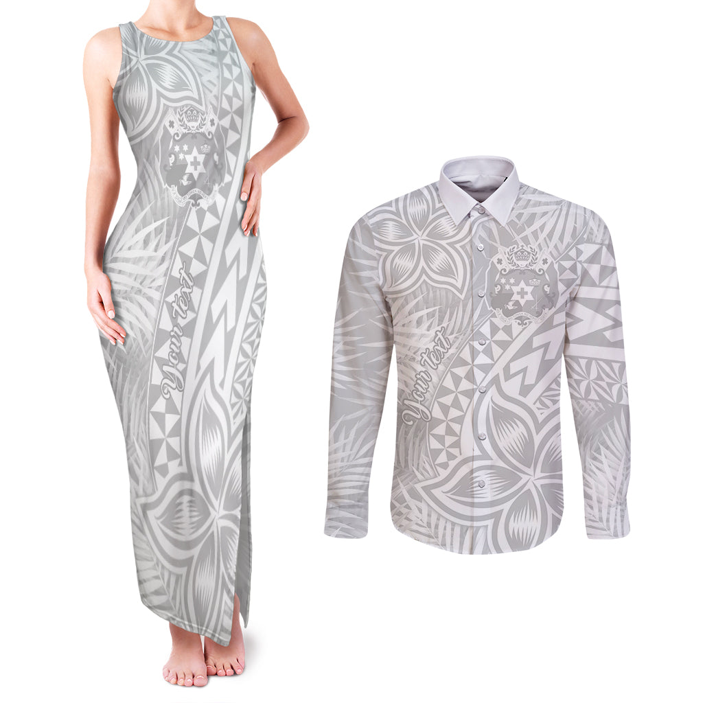 Personalised Tonga White Sunday Couples Matching Tank Maxi Dress and Long Sleeve Button Shirts Tropical Plant With Polynesian Pattern LT9 White - Polynesian Pride