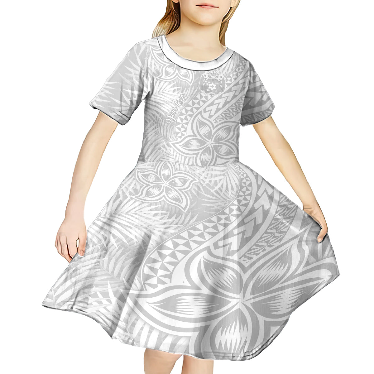 Personalised Tonga White Sunday Kid Short Sleeve Dress Tropical Plant With Polynesian Pattern LT9 - Polynesian Pride