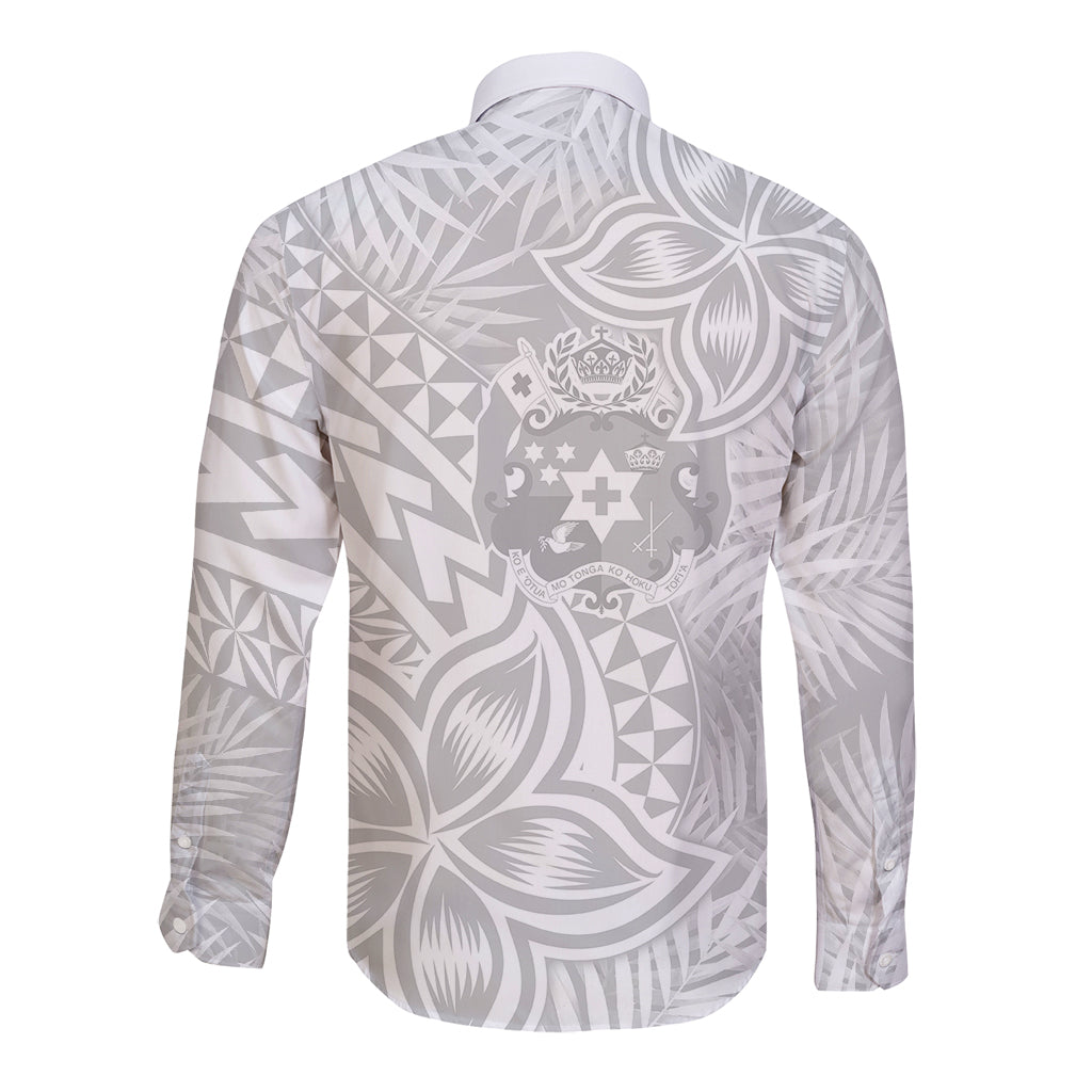 Personalised Tonga White Sunday Long Sleeve Button Shirt Tropical Plant With Polynesian Pattern LT9 - Polynesian Pride