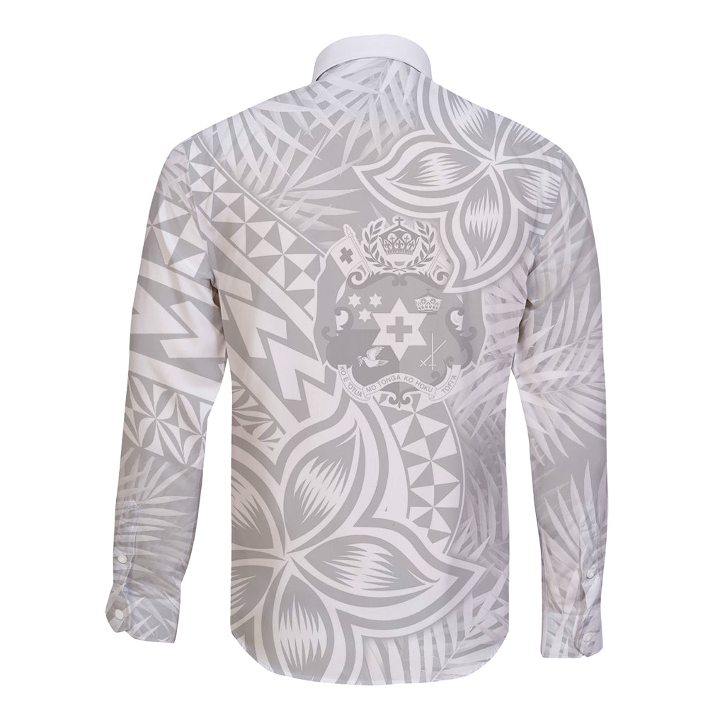 Personalised Tonga White Sunday Long Sleeve Button Shirt Tropical Plant With Polynesian Pattern LT9 - Polynesian Pride