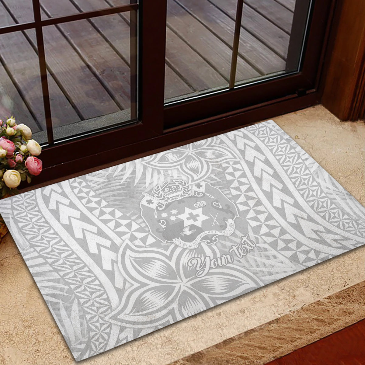 Personalised Tonga White Sunday Rubber Doormat Tropical Plant With Polynesian Pattern LT9 - Polynesian Pride