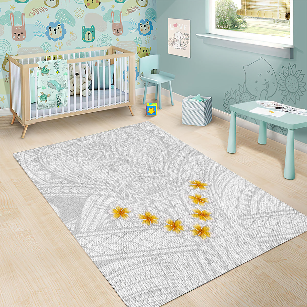 Tonga White Sunday Area Rug Polynesian Plumeria Tribal Simple LT9 - Polynesian Pride