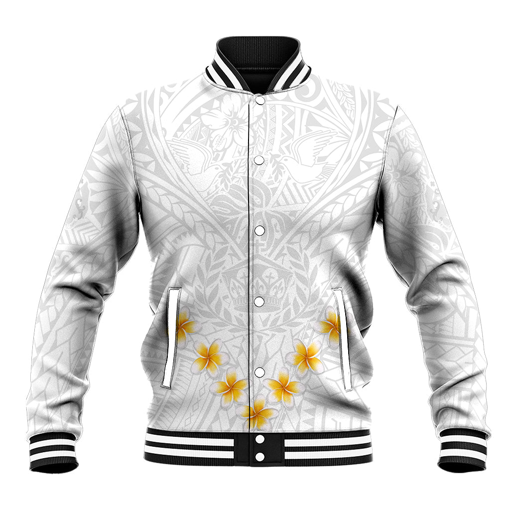 Tonga White Sunday Baseball Jacket Polynesian Plumeria Tribal Simple LT9 Unisex White - Polynesian Pride