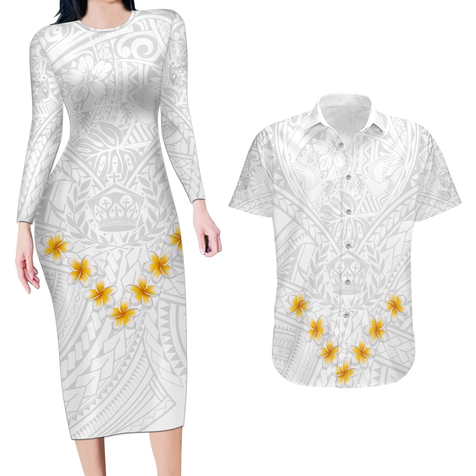 Tonga White Sunday Couples Matching Long Sleeve Bodycon Dress and Hawaiian Shirt Polynesian Plumeria Tribal Simple LT9 White - Polynesian Pride