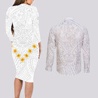 Tonga White Sunday Couples Matching Long Sleeve Bodycon Dress and Long Sleeve Button Shirts Polynesian Plumeria Tribal Simple LT9 - Polynesian Pride