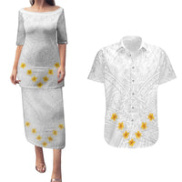 Tonga White Sunday Couples Matching Puletasi Dress and Hawaiian Shirt Polynesian Plumeria Tribal Simple LT9 White - Polynesian Pride