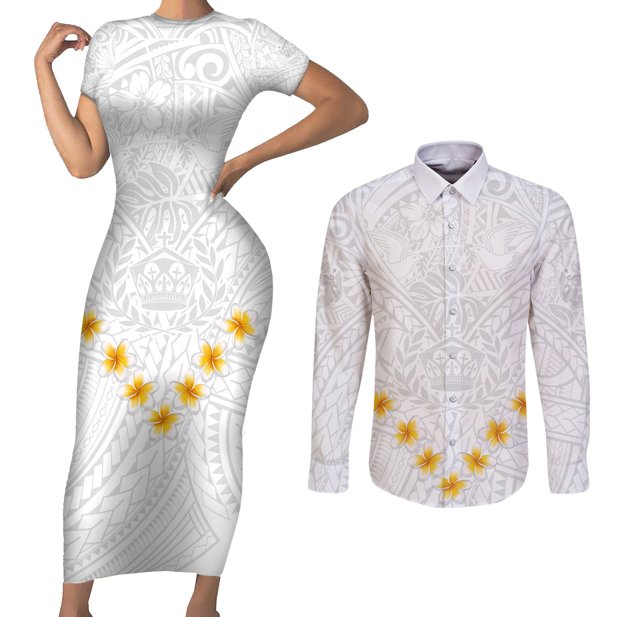 Tonga White Sunday Couples Matching Short Sleeve Bodycon Dress and Long Sleeve Button Shirts Polynesian Plumeria Tribal Simple LT9 White - Polynesian Pride