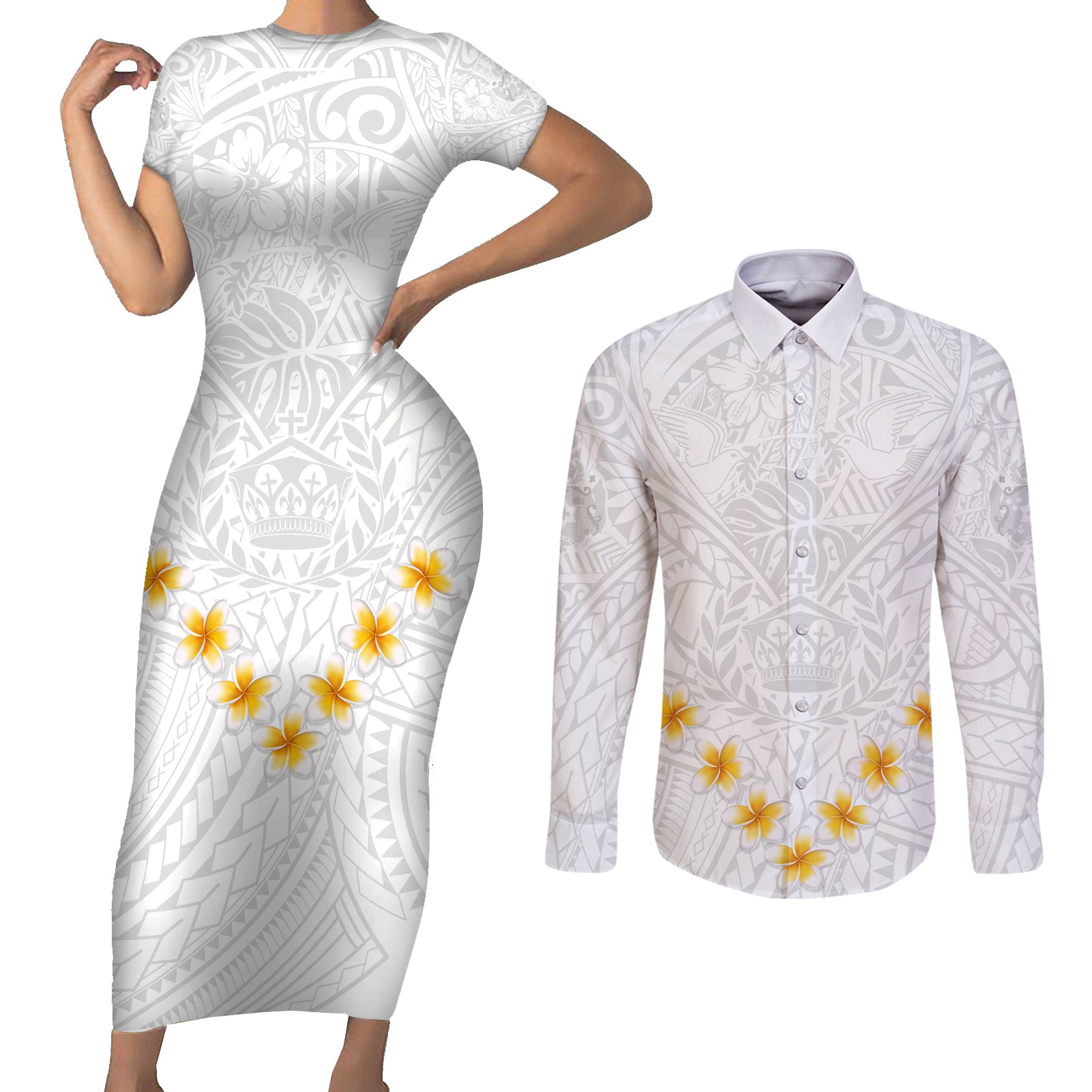 Tonga White Sunday Couples Matching Short Sleeve Bodycon Dress and Long Sleeve Button Shirts Polynesian Plumeria Tribal Simple LT9 White - Polynesian Pride