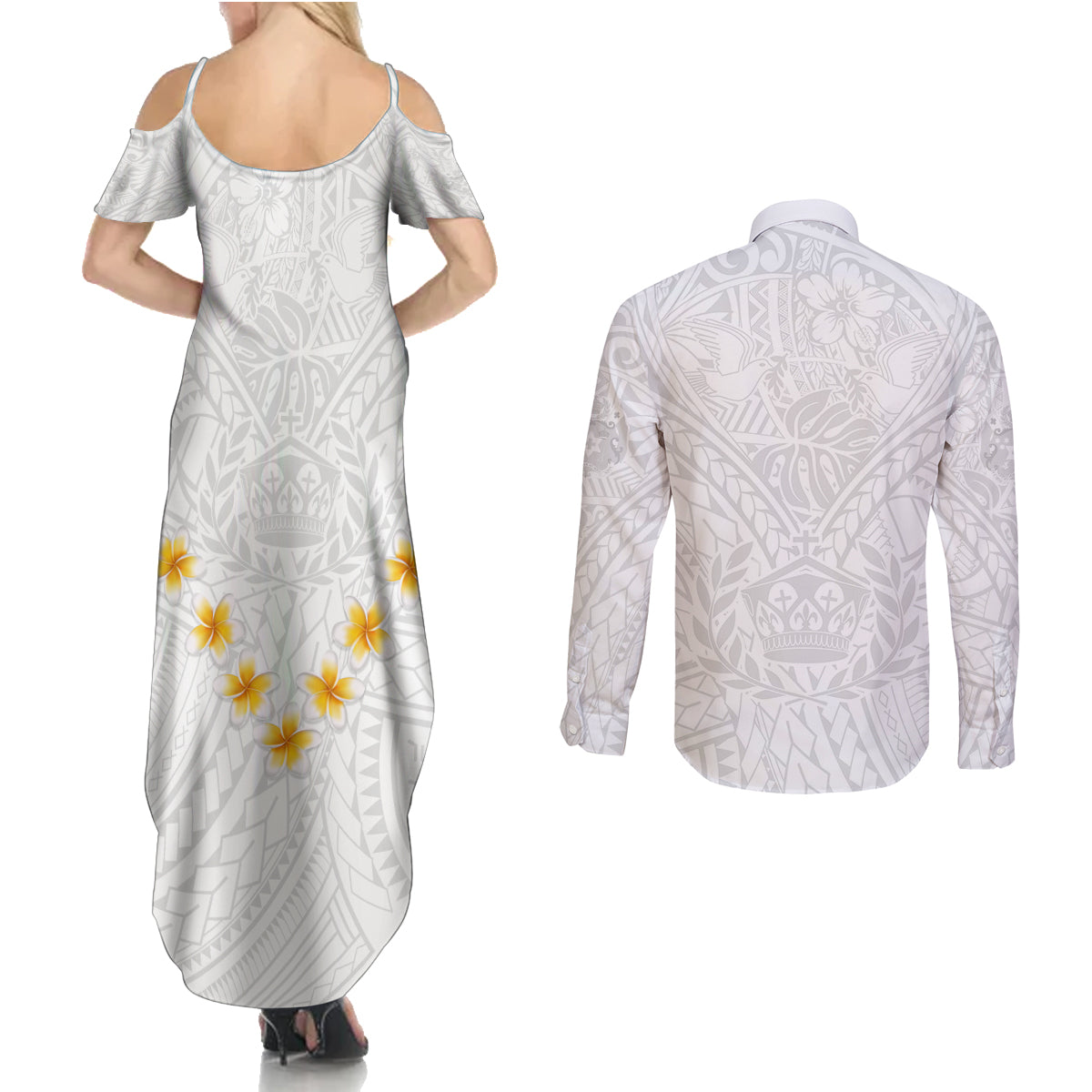 Tonga White Sunday Couples Matching Summer Maxi Dress and Long Sleeve Button Shirts Polynesian Plumeria Tribal Simple LT9 - Polynesian Pride