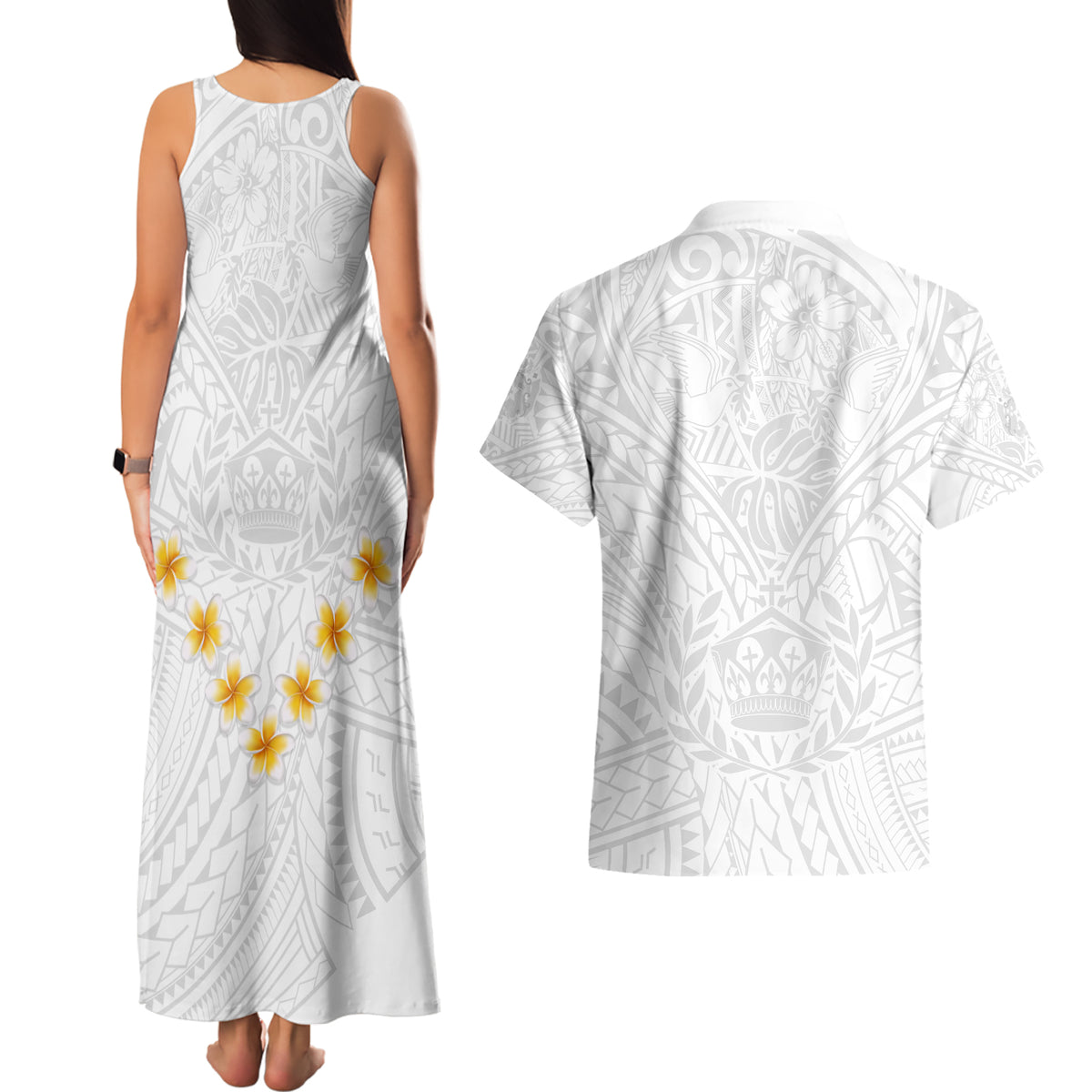 Tonga White Sunday Couples Matching Tank Maxi Dress and Hawaiian Shirt Polynesian Plumeria Tribal Simple LT9 - Polynesian Pride