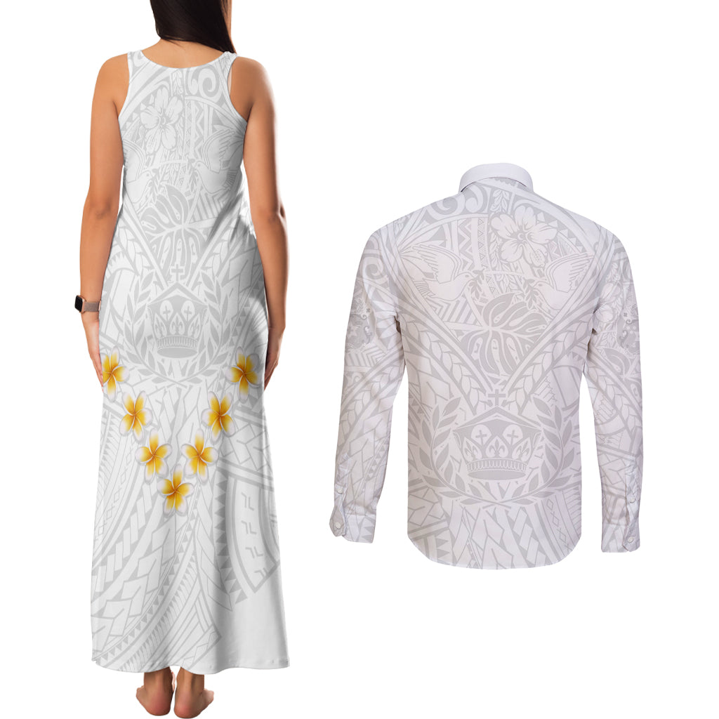 Tonga White Sunday Couples Matching Tank Maxi Dress and Long Sleeve Button Shirts Polynesian Plumeria Tribal Simple LT9 - Polynesian Pride