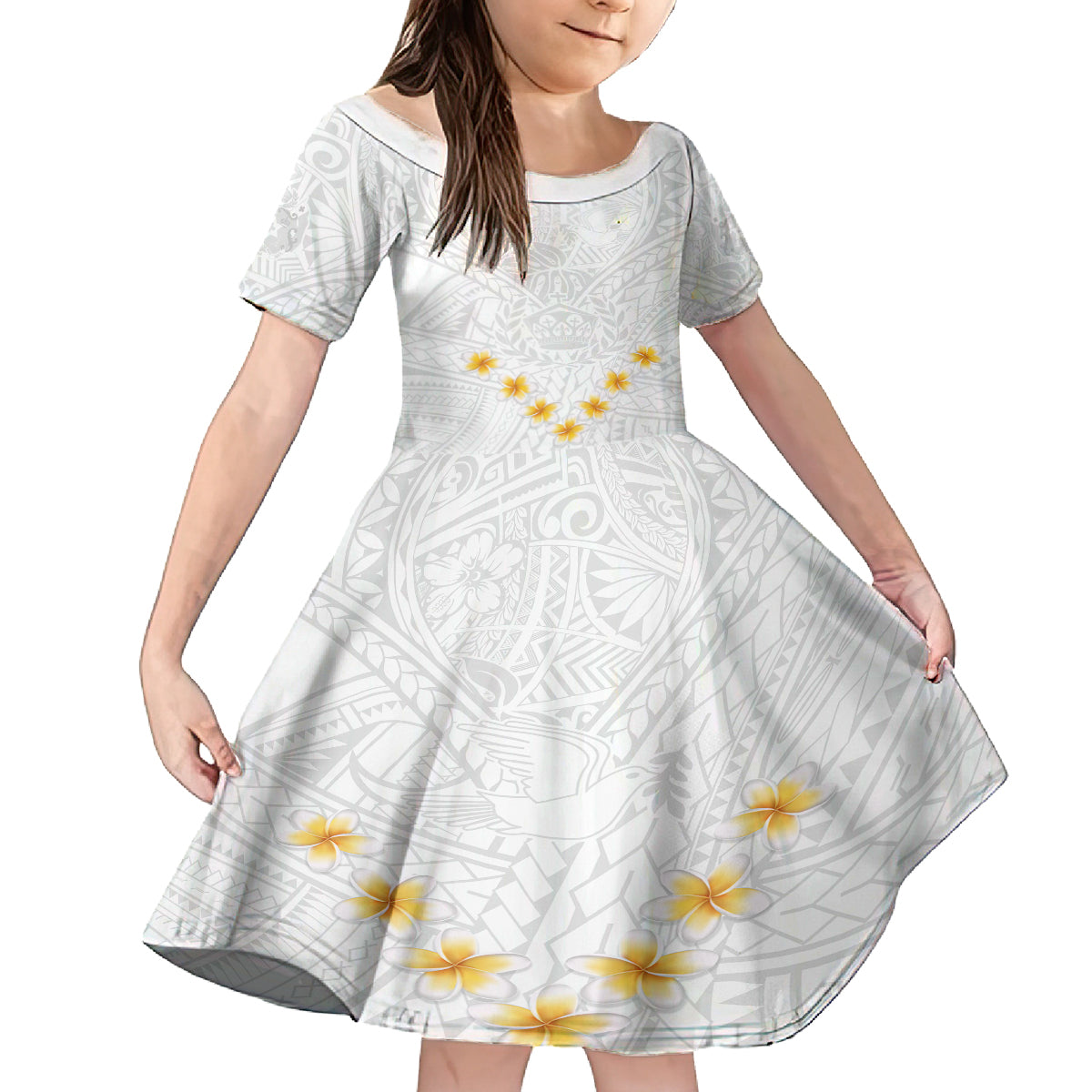 Tonga White Sunday Family Matching Off Shoulder Short Dress and Hawaiian Shirt Polynesian Plumeria Tribal Simple LT9 Daughter's Dress White - Polynesian Pride