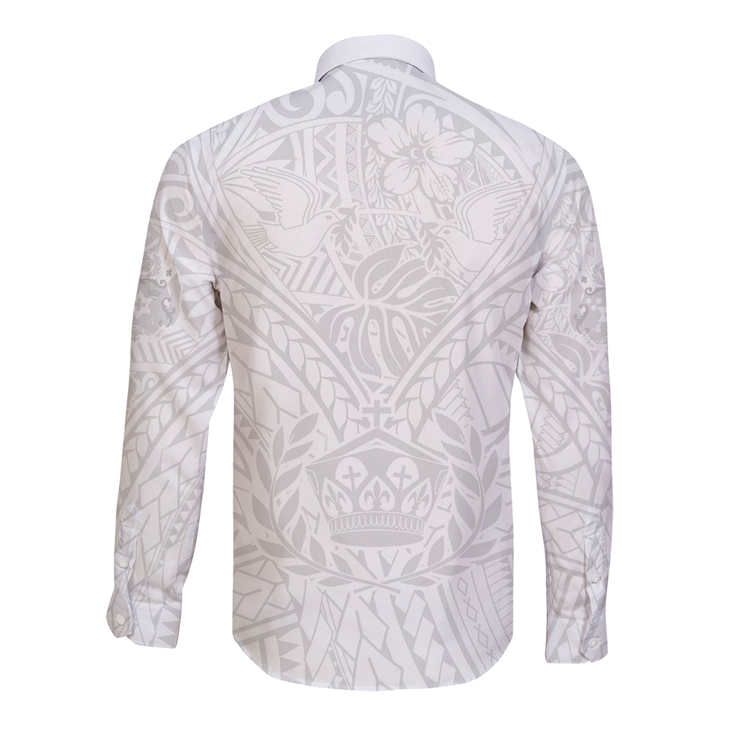 Tonga White Sunday Long Sleeve Button Shirt Polynesian Plumeria Tribal Simple LT9 - Polynesian Pride