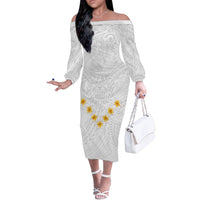 Tonga White Sunday Off The Shoulder Long Sleeve Dress Polynesian Plumeria Tribal Simple LT9 Women White - Polynesian Pride
