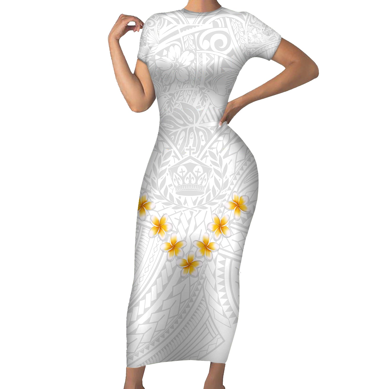 Tonga White Sunday Short Sleeve Bodycon Dress Polynesian Plumeria Tribal Simple LT9 Long Dress White - Polynesian Pride