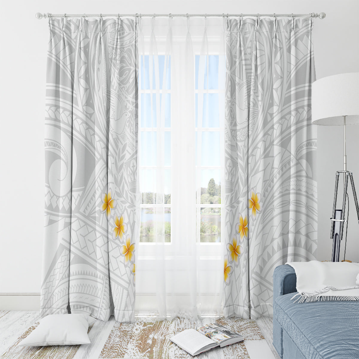 Tonga White Sunday Window Curtain Polynesian Plumeria Tribal Simple LT9 - Polynesian Pride