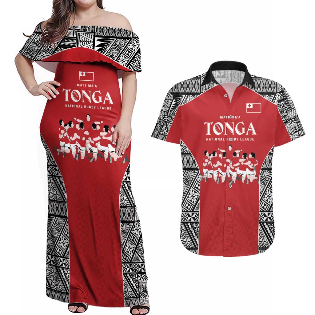 Custom Tonga Rugby Mate Ma'a Couples Matching Off Shoulder Maxi Dress and Hawaiian Shirt Tonga XIII Make History Pacific Champions LT9 Red - Polynesian Pride