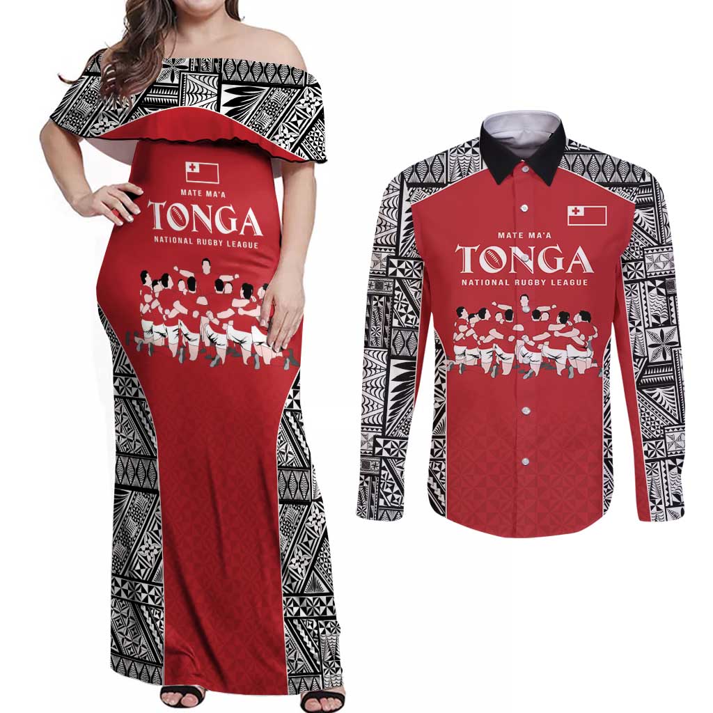 Custom Tonga Rugby Mate Ma'a Couples Matching Off Shoulder Maxi Dress and Long Sleeve Button Shirt Tonga XIII Make History Pacific Champions