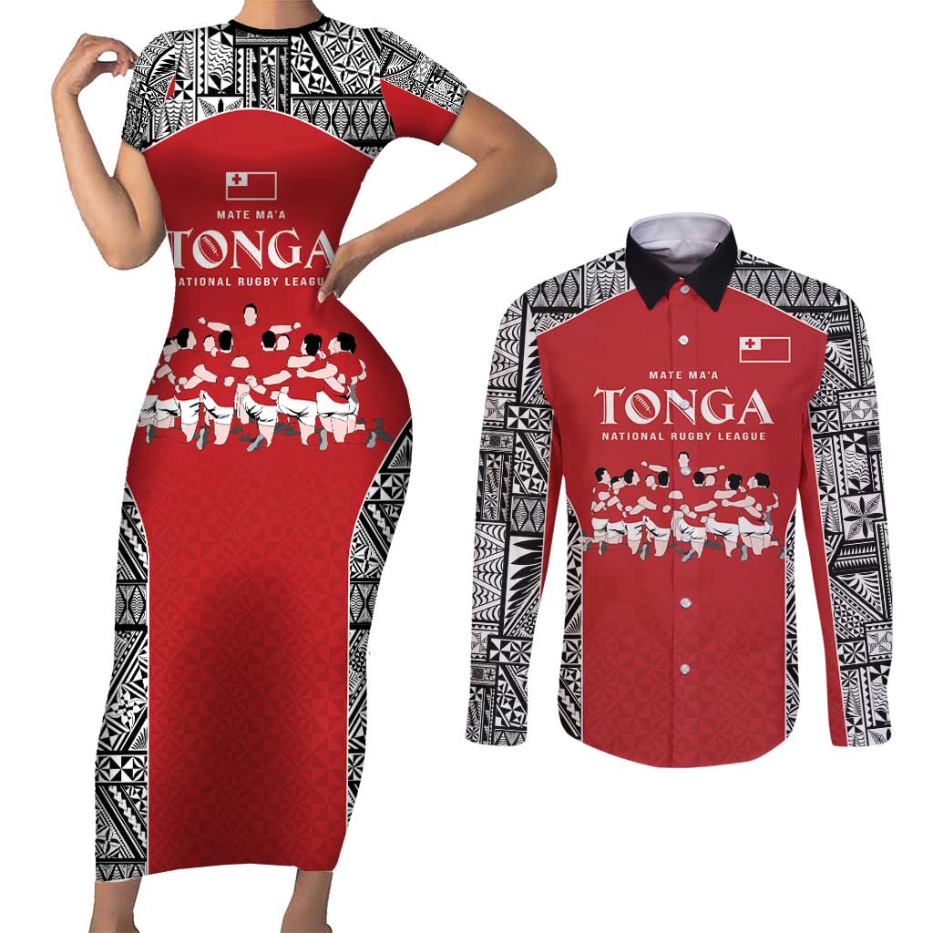 Custom Tonga Rugby Mate Ma'a Couples Matching Short Sleeve Bodycon Dress and Long Sleeve Button Shirt Tonga XIII Make History Pacific Champions