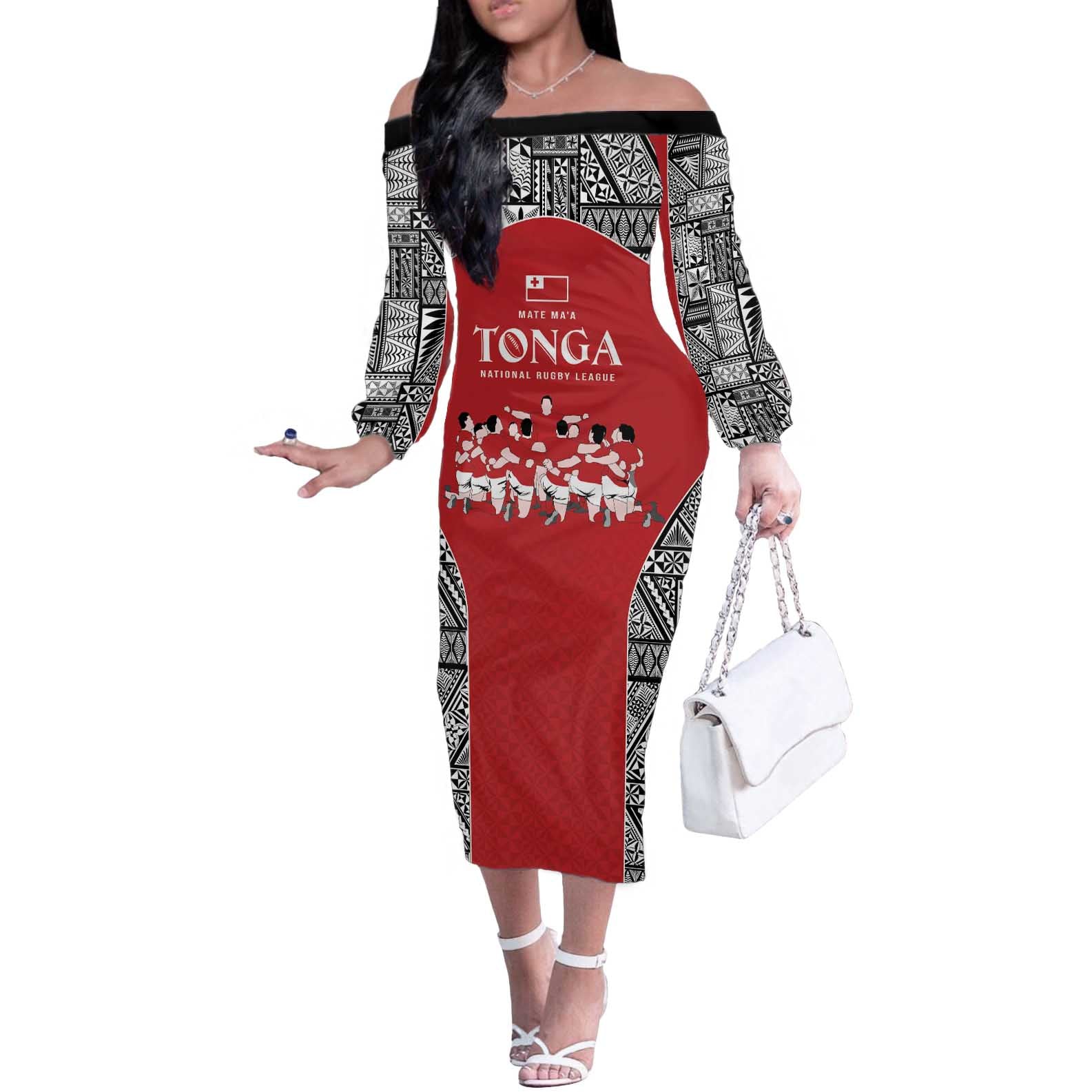 Custom Tonga Rugby Mate Ma'a Off The Shoulder Long Sleeve Dress Tonga XIII Make History Pacific Champions