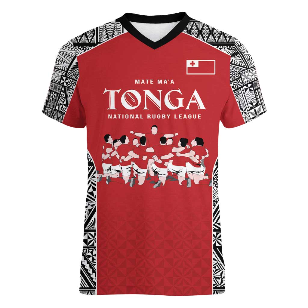 Custom Tonga Rugby Mate Ma'a Women V-Neck T-Shirt Tonga XIII Make History Pacific Champions LT9 Female Red - Polynesian Pride