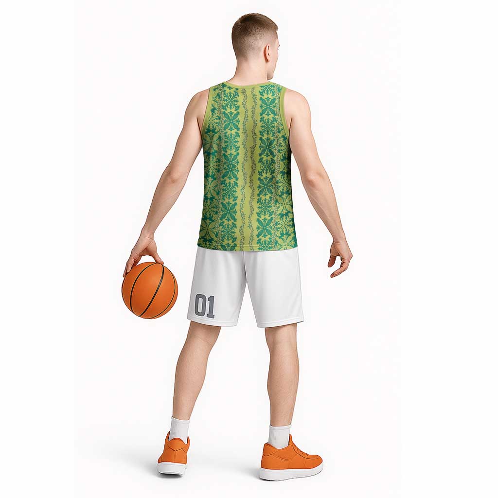 Hawaii Lei with Tribal Quilt Motif Basketball Jersey - Polynesian Pride