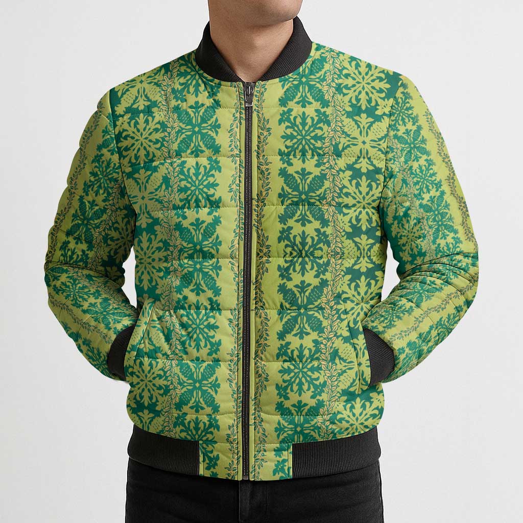 Hawaii Lei with Tribal Quilt Motif Bomber Puffer Jacket - Polynesian Pride