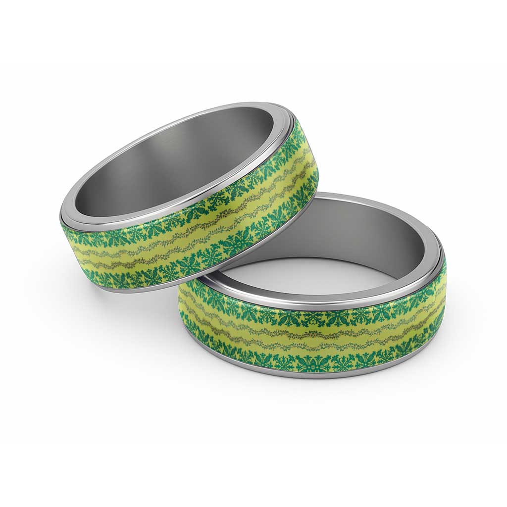 Hawaii Lei with Tribal Quilt Motif Classic Ring LT9 Sliver Green - Polynesian Pride