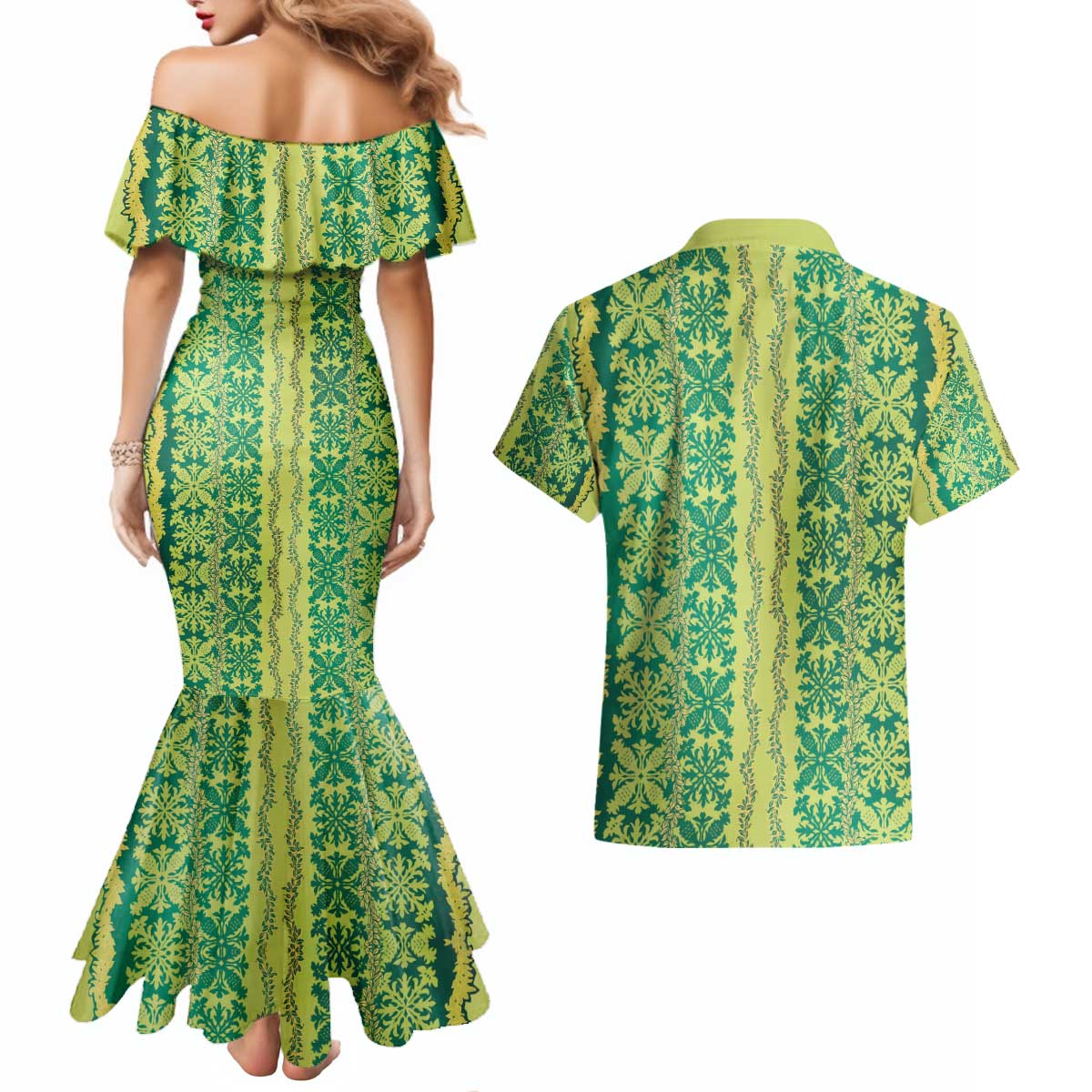 Hawaii Lei with Tribal Quilt Motif Couples Matching Mermaid Dress and Hawaiian Shirt