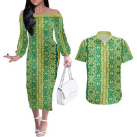 Hawaii Lei with Tribal Quilt Motif Couples Matching Off The Shoulder Long Sleeve Dress and Hawaiian Shirt