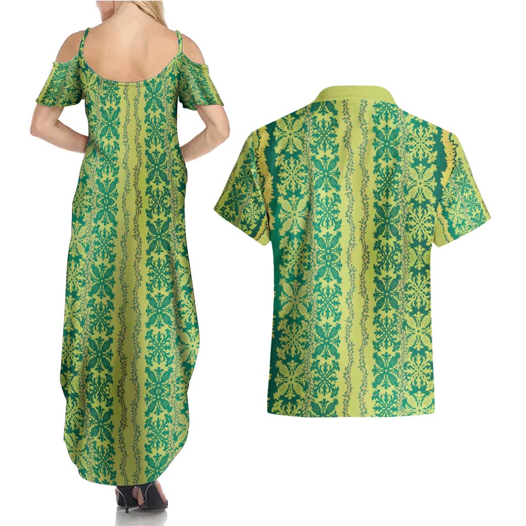 Hawaii Lei with Tribal Quilt Motif Couples Matching Summer Maxi Dress and Hawaiian Shirt