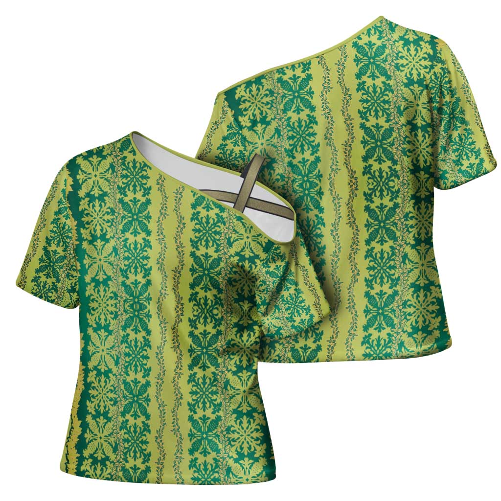 Hawaii Lei with Tribal Quilt Motif Cross Shoulder Shirt - Polynesian Pride