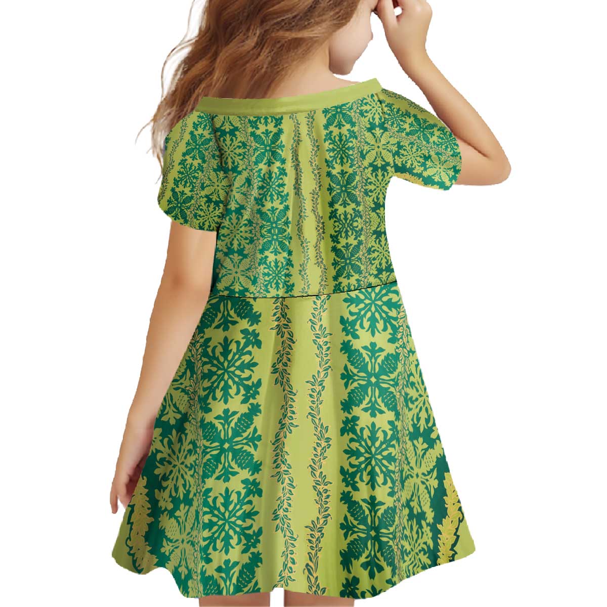 Hawaii Lei with Tribal Quilt Motif Family Matching Off The Shoulder Long Sleeve Dress and Hawaiian Shirt