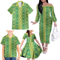 Hawaii Lei with Tribal Quilt Motif Family Matching Off The Shoulder Long Sleeve Dress and Hawaiian Shirt