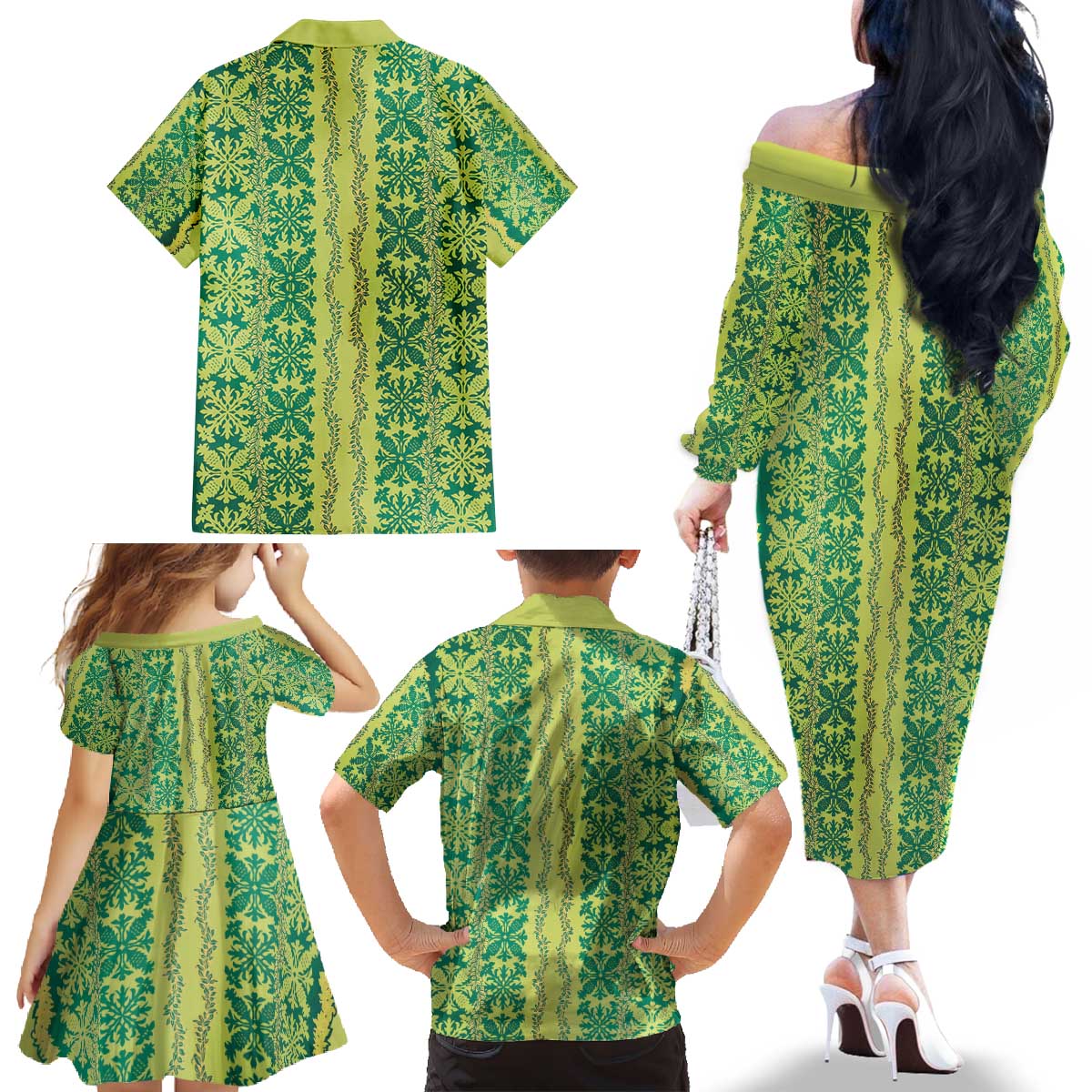 Hawaii Lei with Tribal Quilt Motif Family Matching Off The Shoulder Long Sleeve Dress and Hawaiian Shirt