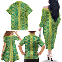 Hawaii Lei with Tribal Quilt Motif Family Matching Off The Shoulder Long Sleeve Dress and Hawaiian Shirt