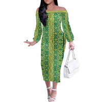 Hawaii Lei with Tribal Quilt Motif Family Matching Off The Shoulder Long Sleeve Dress and Hawaiian Shirt