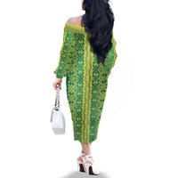 Hawaii Lei with Tribal Quilt Motif Family Matching Off The Shoulder Long Sleeve Dress and Hawaiian Shirt