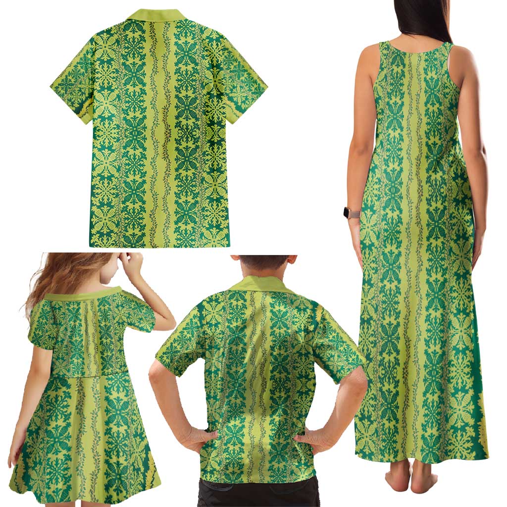 Hawaii Lei with Tribal Quilt Motif Family Matching Tank Maxi Dress and Hawaiian Shirt